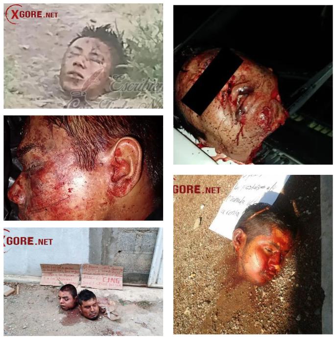 Compilation of photos of severed heads left by gangs in Mexico